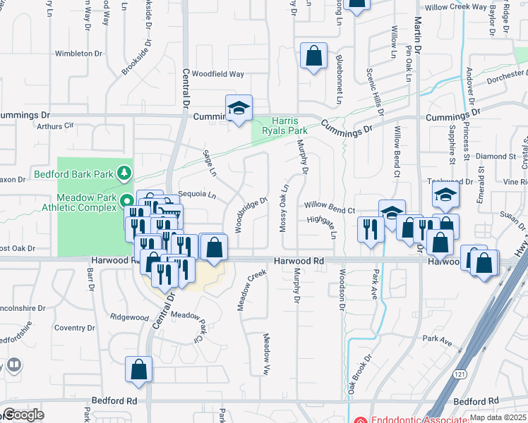 map of restaurants, bars, coffee shops, grocery stores, and more near 2949 Turtlerock Drive in Bedford