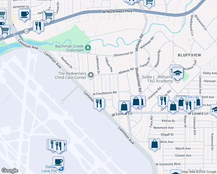 map of restaurants, bars, coffee shops, grocery stores, and more near 8419 Ridgelea Street in Dallas
