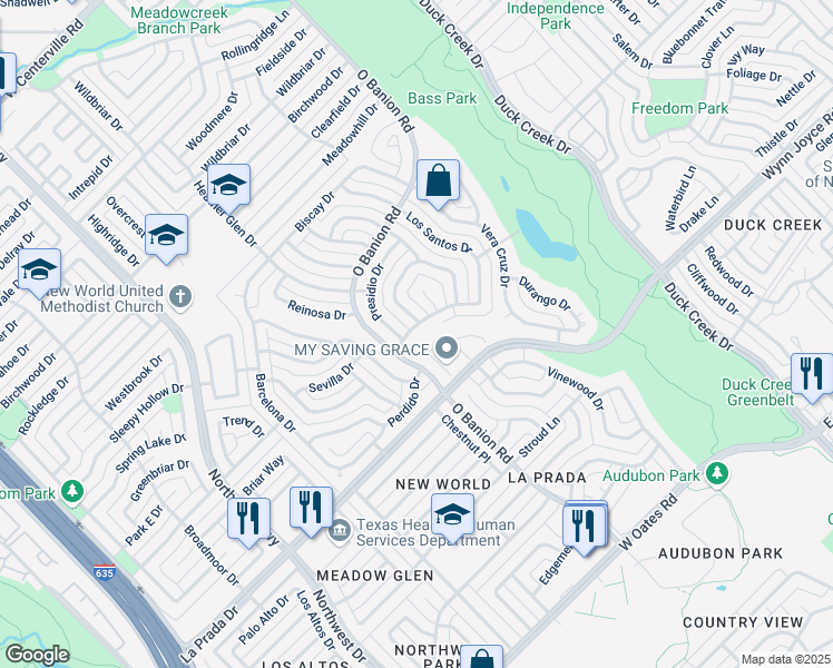 map of restaurants, bars, coffee shops, grocery stores, and more near 5206 Woodmeadow Drive in Garland