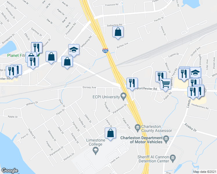 map of restaurants, bars, coffee shops, grocery stores, and more near 3854 Dorsey Avenue in North Charleston