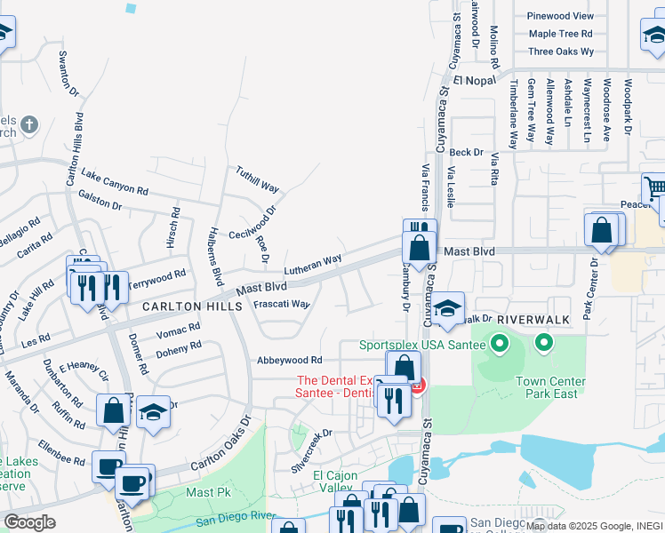 map of restaurants, bars, coffee shops, grocery stores, and more near 9685 Lutheran Way in Santee