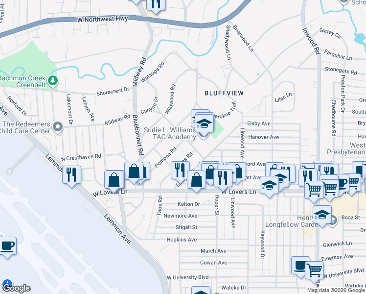 map of restaurants, bars, coffee shops, grocery stores, and more near 4459 Taos Road in Dallas