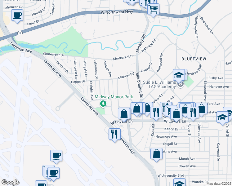 map of restaurants, bars, coffee shops, grocery stores, and more near 8417 Midway Road in Dallas