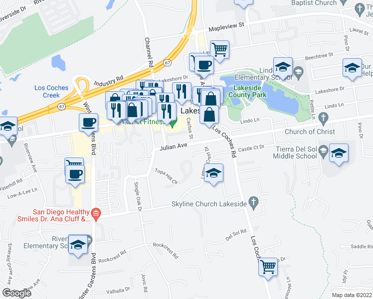 map of restaurants, bars, coffee shops, grocery stores, and more near 12419 Julian Avenue in Lakeside