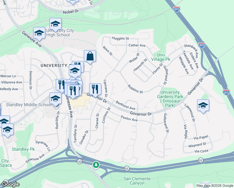 map of restaurants, bars, coffee shops, grocery stores, and more near 6375 Farley Drive in San Diego