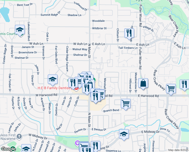 map of restaurants, bars, coffee shops, grocery stores, and more near 1307-1315 N Main St in Euless