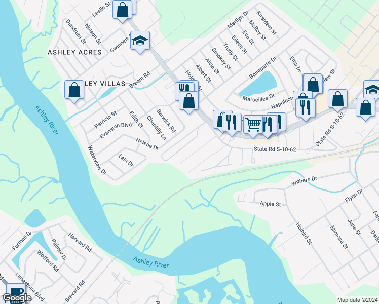 map of restaurants, bars, coffee shops, grocery stores, and more near 4708 Fetteressa Avenue in North Charleston