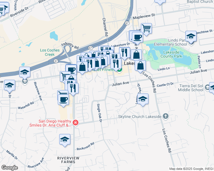 map of restaurants, bars, coffee shops, grocery stores, and more near 9650 Prospect Avenue in Lakeside