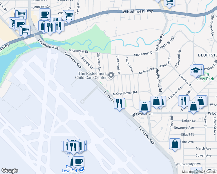 map of restaurants, bars, coffee shops, grocery stores, and more near 8510 Glencrest Lane in Dallas