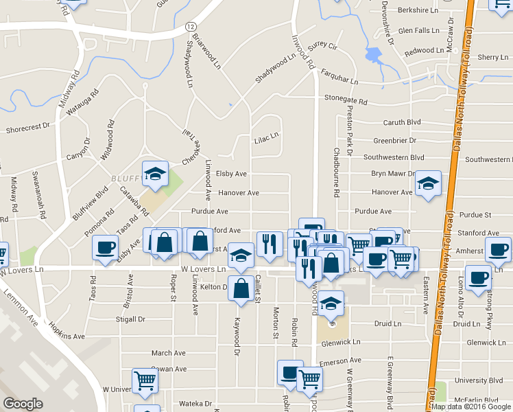 map of restaurants, bars, coffee shops, grocery stores, and more near 5007 Purdue Avenue in Dallas