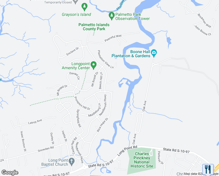 map of restaurants, bars, coffee shops, grocery stores, and more near 384 Rice Hope Drive in Mount Pleasant