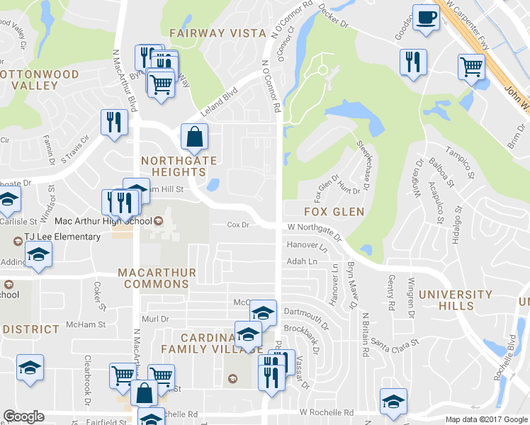 map of restaurants, bars, coffee shops, grocery stores, and more near 3827 North O'Connor Road in Irving