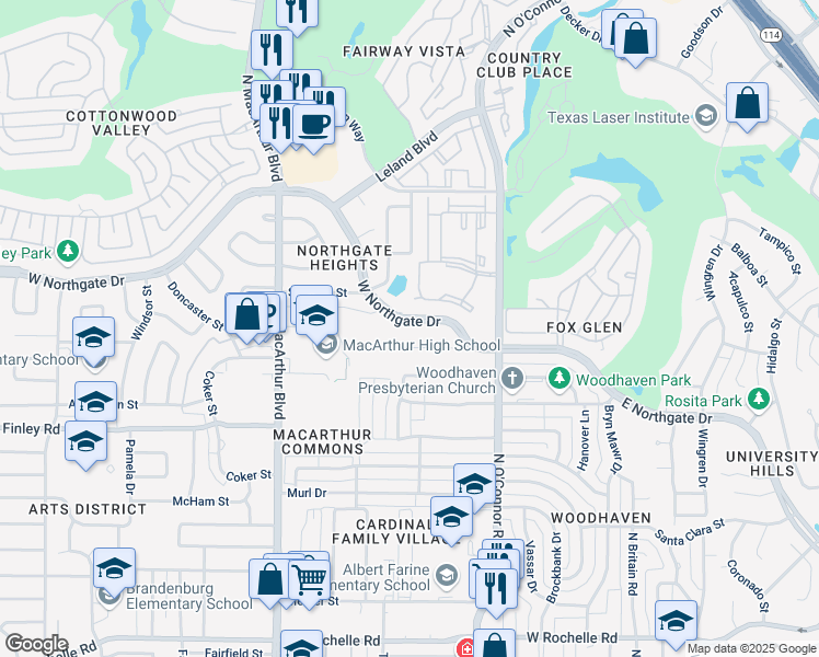 map of restaurants, bars, coffee shops, grocery stores, and more near 608 West Northgate Drive in Irving