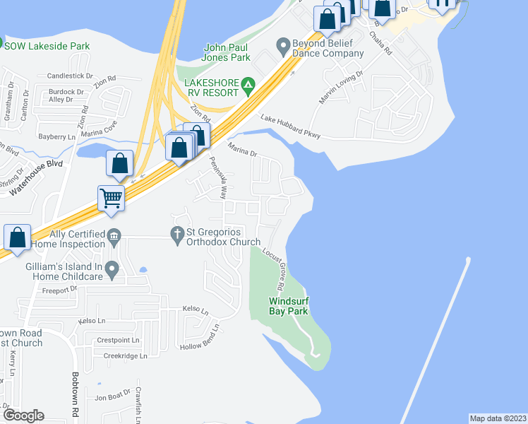 map of restaurants, bars, coffee shops, grocery stores, and more near 5130 Shoregate Drive in Garland