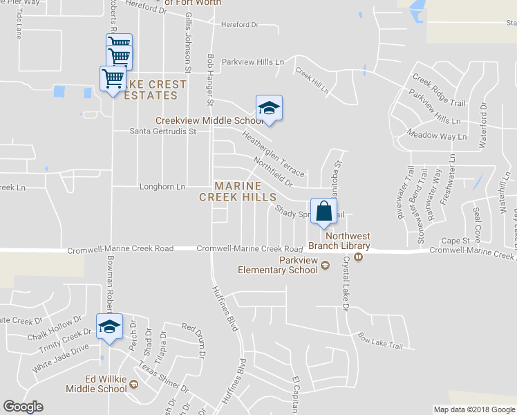 map of restaurants, bars, coffee shops, grocery stores, and more near 6416 Longmont Trail in Fort Worth