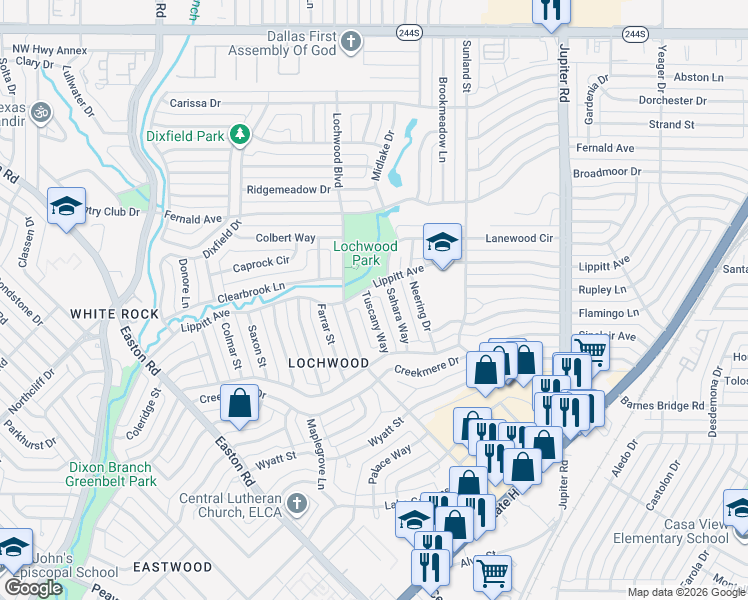map of restaurants, bars, coffee shops, grocery stores, and more near 11724 Tuscany Way in Dallas