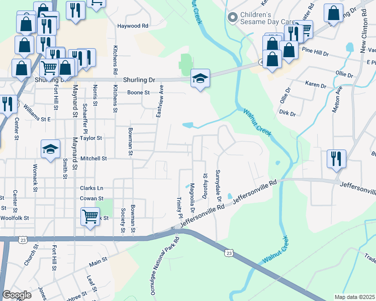 map of restaurants, bars, coffee shops, grocery stores, and more near 1060 Magnolia Drive in Macon