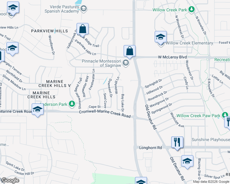 map of restaurants, bars, coffee shops, grocery stores, and more near 6437 Waterhill Lane in Fort Worth