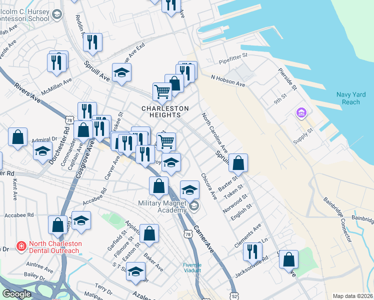 map of restaurants, bars, coffee shops, grocery stores, and more near 1919 Success Street in North Charleston