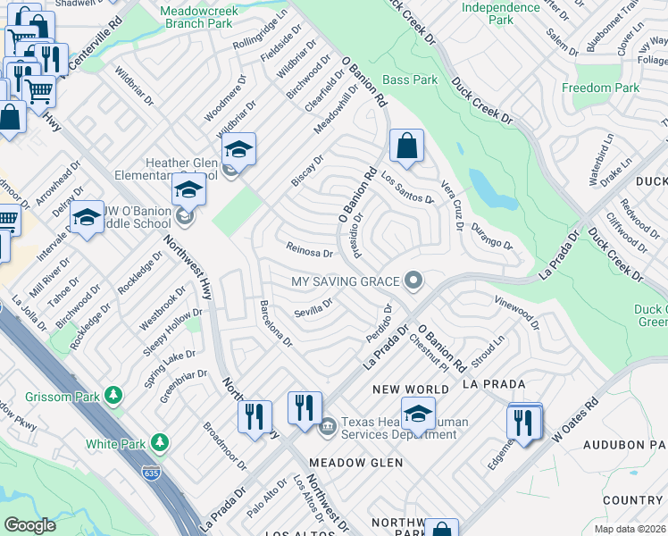 map of restaurants, bars, coffee shops, grocery stores, and more near 555 San Carlos Drive in Garland
