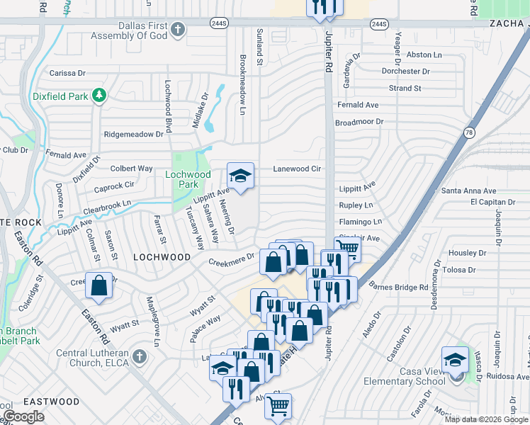 map of restaurants, bars, coffee shops, grocery stores, and more near 11722 Sunland Street in Dallas