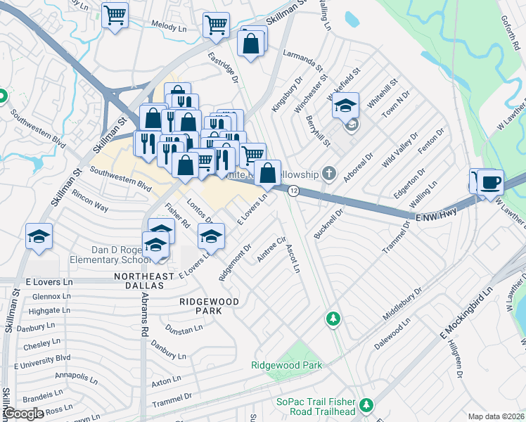 map of restaurants, bars, coffee shops, grocery stores, and more near 6646 East Lovers Lane in Dallas