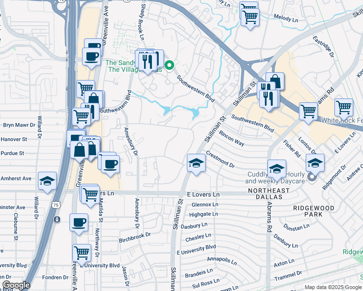 map of restaurants, bars, coffee shops, grocery stores, and more near 6061 Village Bend Drive in Dallas