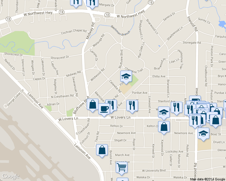 map of restaurants, bars, coffee shops, grocery stores, and more near 4459 Taos Road in Dallas