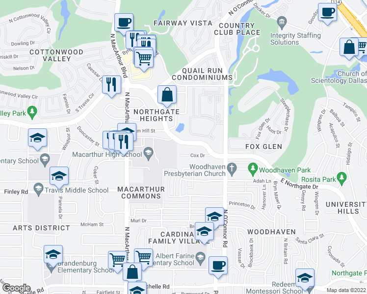 map of restaurants, bars, coffee shops, grocery stores, and more near 608 West Northgate Drive in Irving