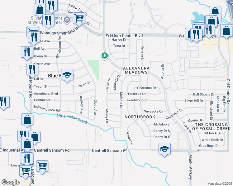 map of restaurants, bars, coffee shops, grocery stores, and more near 6101 Miranda Drive in Fort Worth
