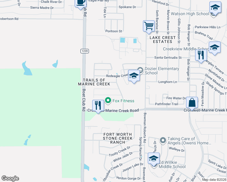 map of restaurants, bars, coffee shops, grocery stores, and more near 6372 Battle Mountain Trail in Fort Worth