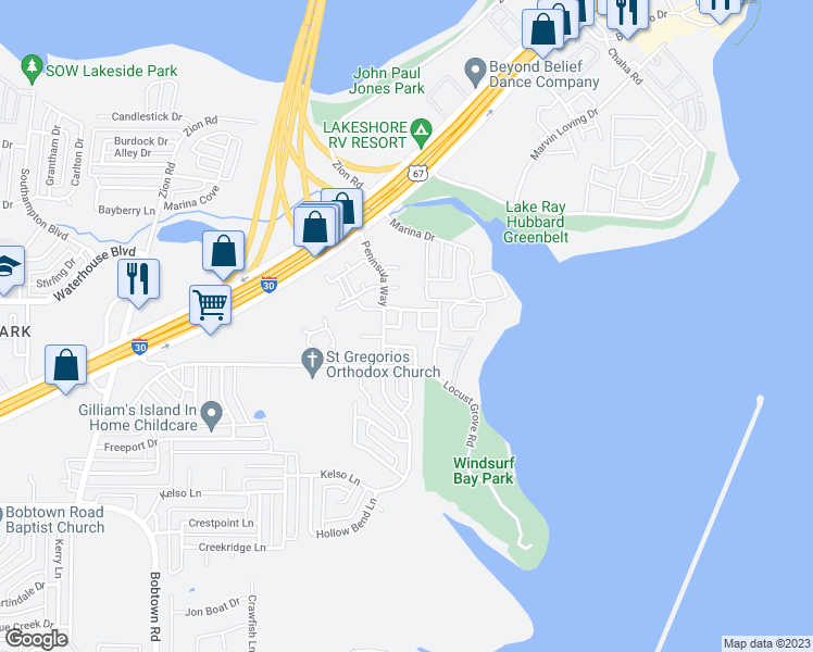 map of restaurants, bars, coffee shops, grocery stores, and more near 5114 Lakeridge Court in Garland