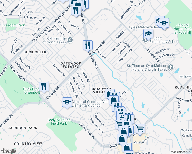 map of restaurants, bars, coffee shops, grocery stores, and more near 412 San Mateo Drive in Garland