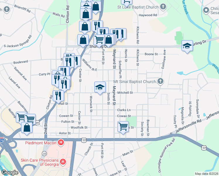 map of restaurants, bars, coffee shops, grocery stores, and more near 1033 Smith Street in Macon