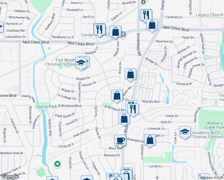 map of restaurants, bars, coffee shops, grocery stores, and more near 7704 North College Circle in North Richland Hills