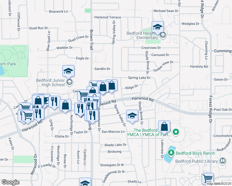 map of restaurants, bars, coffee shops, grocery stores, and more near 3020 Spring Valley Drive in Bedford