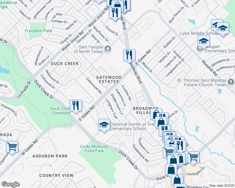 map of restaurants, bars, coffee shops, grocery stores, and more near 4917 Palomino Ln in Garland