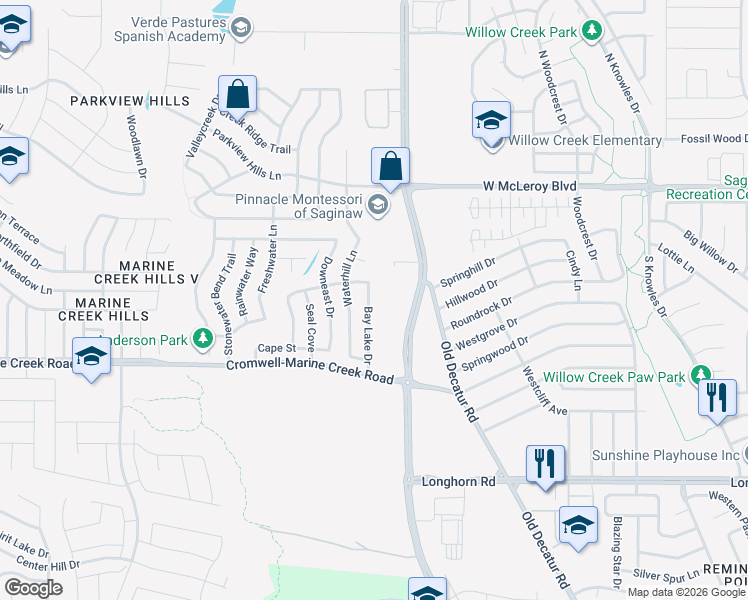 map of restaurants, bars, coffee shops, grocery stores, and more near 6424 Bay Lake Drive in Fort Worth