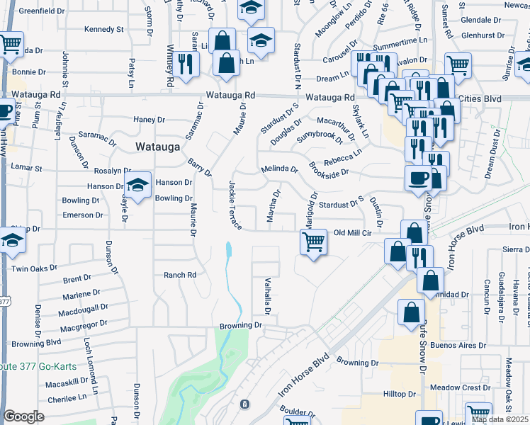 map of restaurants, bars, coffee shops, grocery stores, and more near 6017 Martha Drive in Watauga