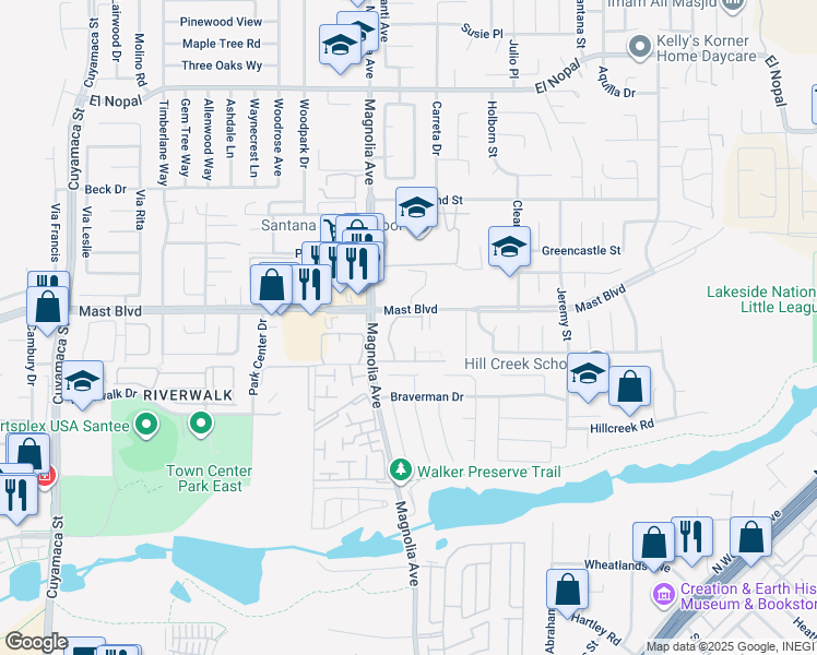 map of restaurants, bars, coffee shops, grocery stores, and more near 10445 Mast Boulevard in Santee
