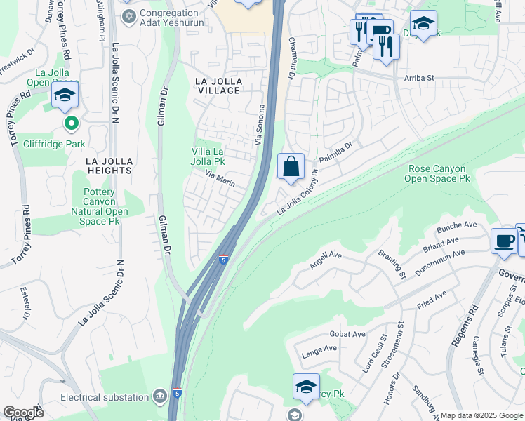 map of restaurants, bars, coffee shops, grocery stores, and more near 4085 Rosenda Court in San Diego