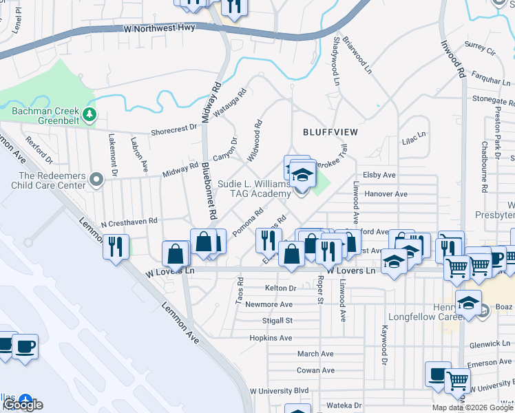 map of restaurants, bars, coffee shops, grocery stores, and more near 4415 Pomona Road in Dallas