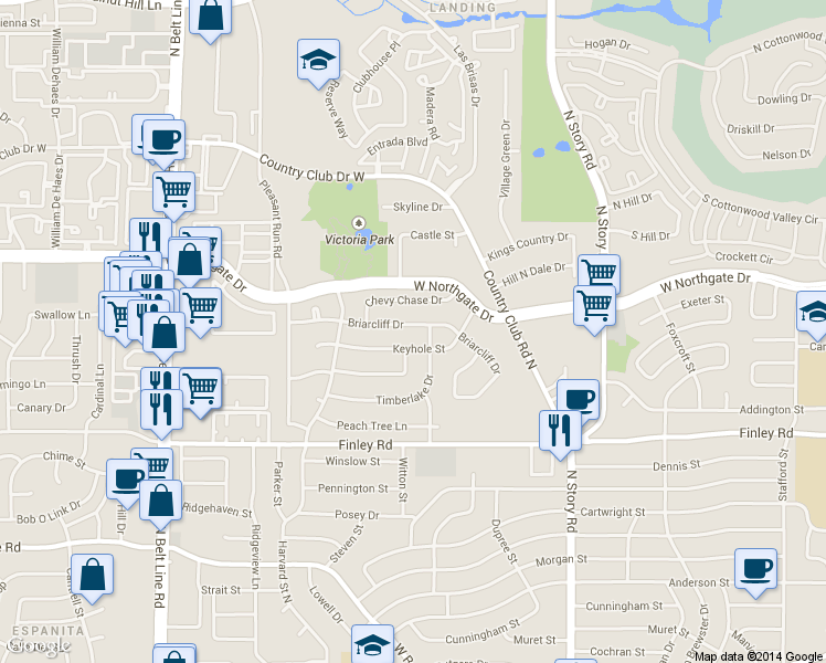 map of restaurants, bars, coffee shops, grocery stores, and more near 2600 Briarcliff Drive in Irving