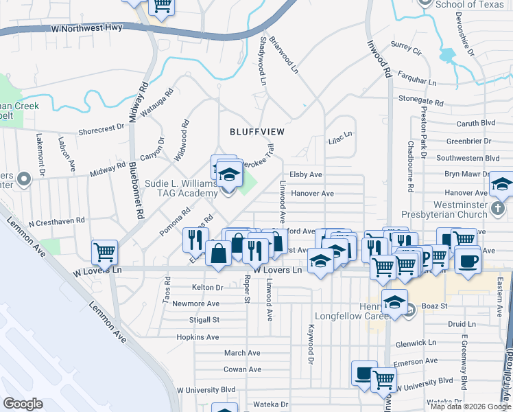 map of restaurants, bars, coffee shops, grocery stores, and more near 4703 Purdue Ave in Dallas