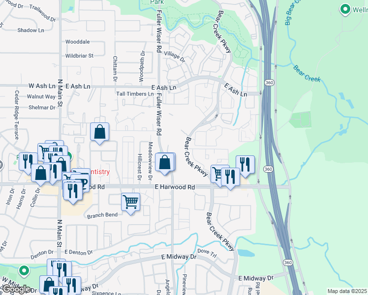 map of restaurants, bars, coffee shops, grocery stores, and more near 9 Bear Creek Parkway in Euless