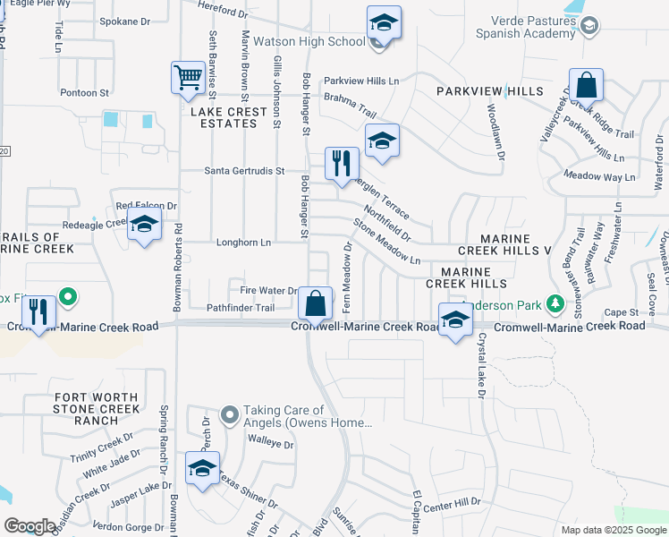 map of restaurants, bars, coffee shops, grocery stores, and more near 6400 Twilight Circle in Fort Worth