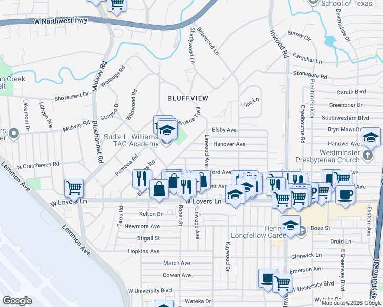 map of restaurants, bars, coffee shops, grocery stores, and more near 4703 Purdue Avenue in Dallas