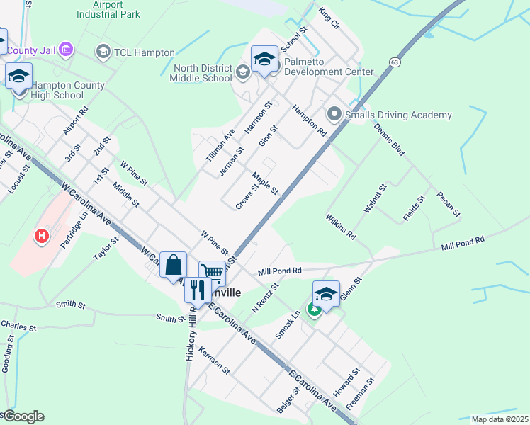 map of restaurants, bars, coffee shops, grocery stores, and more near 375 Main Street in Varnville