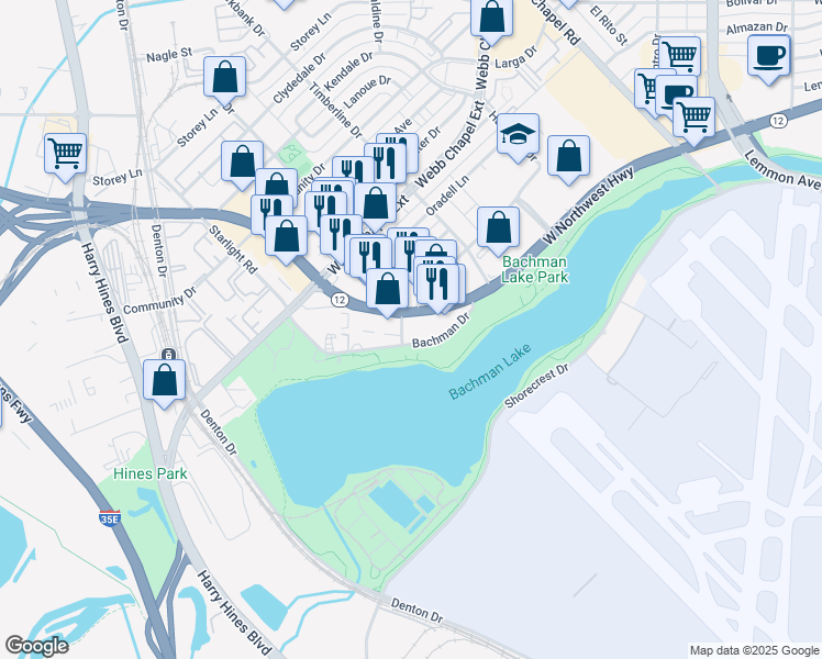 map of restaurants, bars, coffee shops, grocery stores, and more near 3060 West Northwest Highway in Dallas