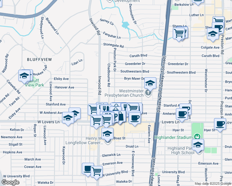 map of restaurants, bars, coffee shops, grocery stores, and more near 5501 Purdue Avenue in Dallas
